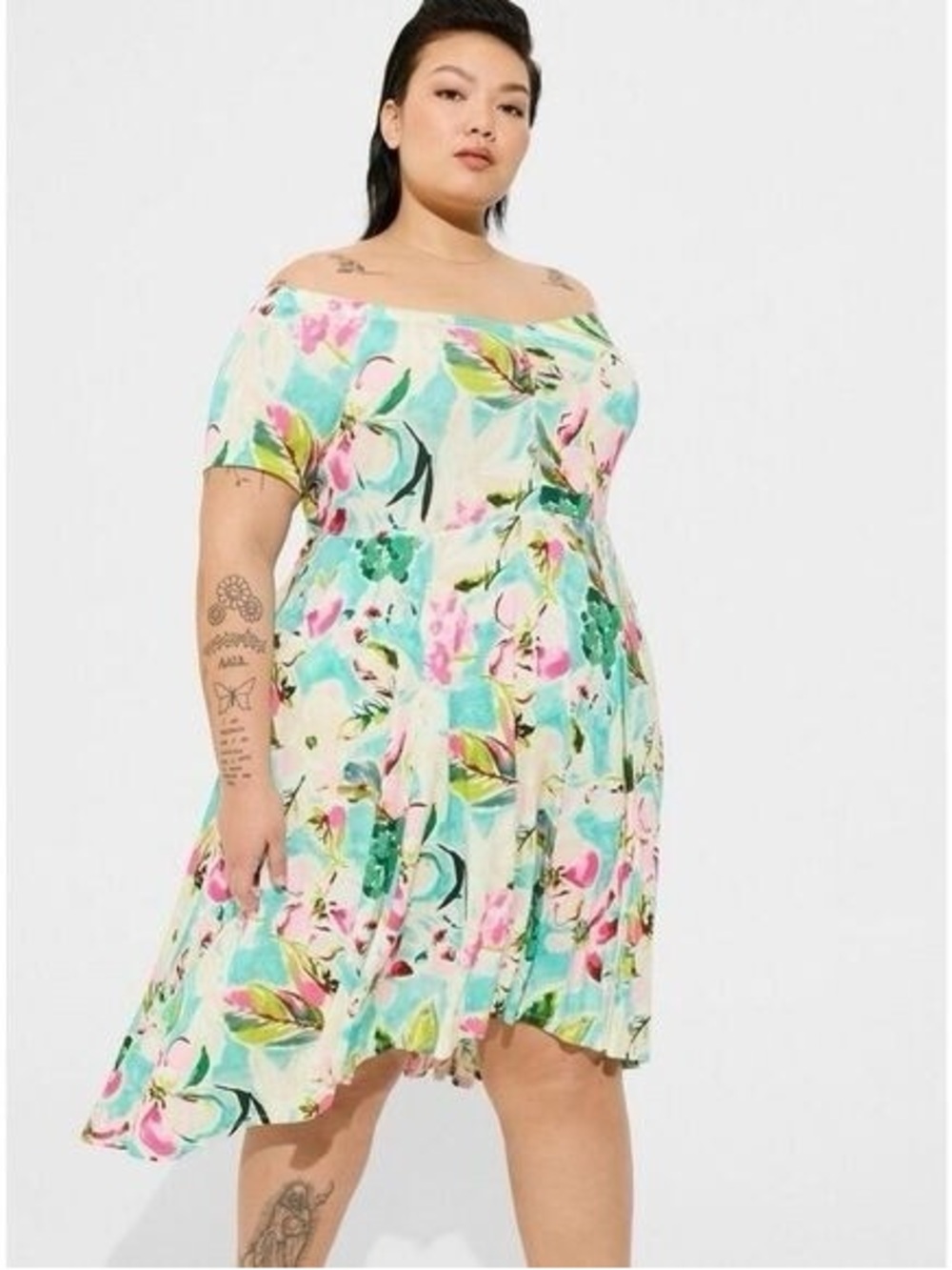 Torrid Skater Dress Size 3X Floral Multi Mini Supersoft Off Shoulder